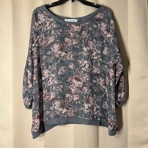 Maurices 1X Sheer Gray Floral Long Sleeve Shirt With knit neckline and hem